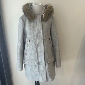 J. Crew Chateau Parka Gray Italian Stadium Cloth Wool Faux Fur Trim Coat Sz 12